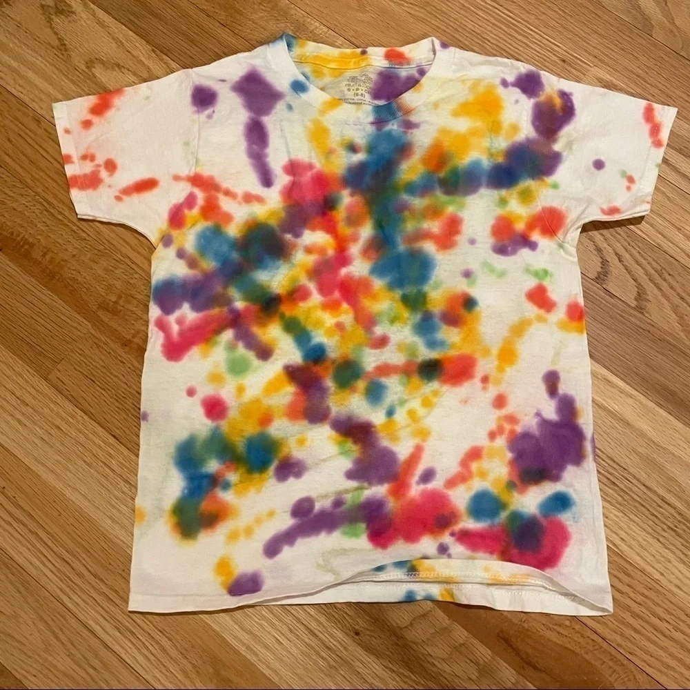 Tie dye splatter dye polka dot youth tshirt S rainbow - Picture 2 of 5